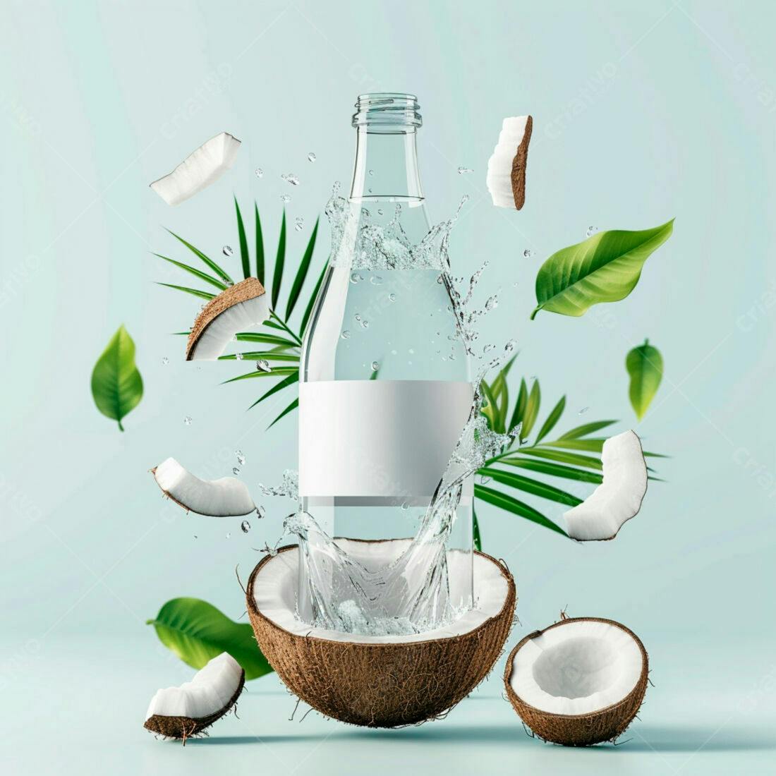 Garrafa de água de coco com respingos