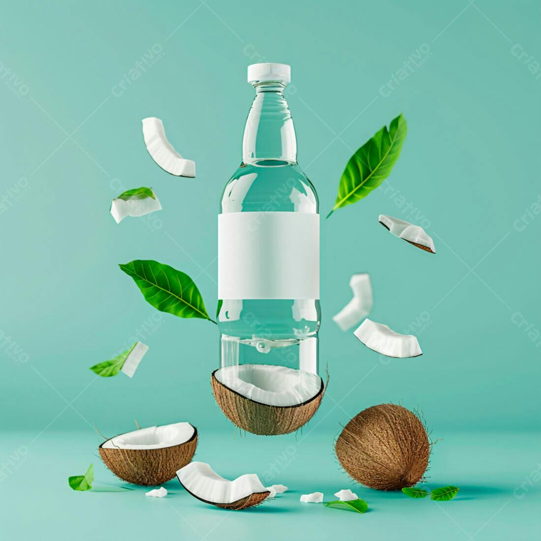 Garrafa de água com coco e folhas verdes