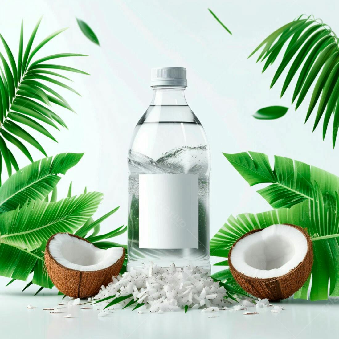 Garrafa de água com coco e folhas tropicais