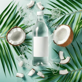 Garrafa de água de coco com coco e folhas de palmeiras ao redor 13