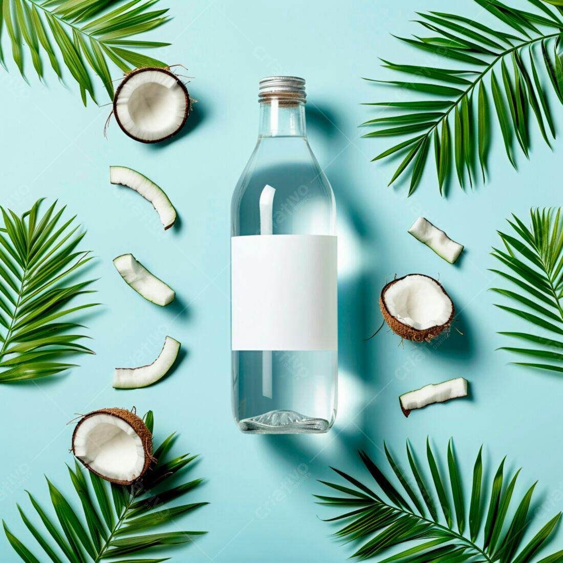 Garrafa de água de coco com folhas de palmeira