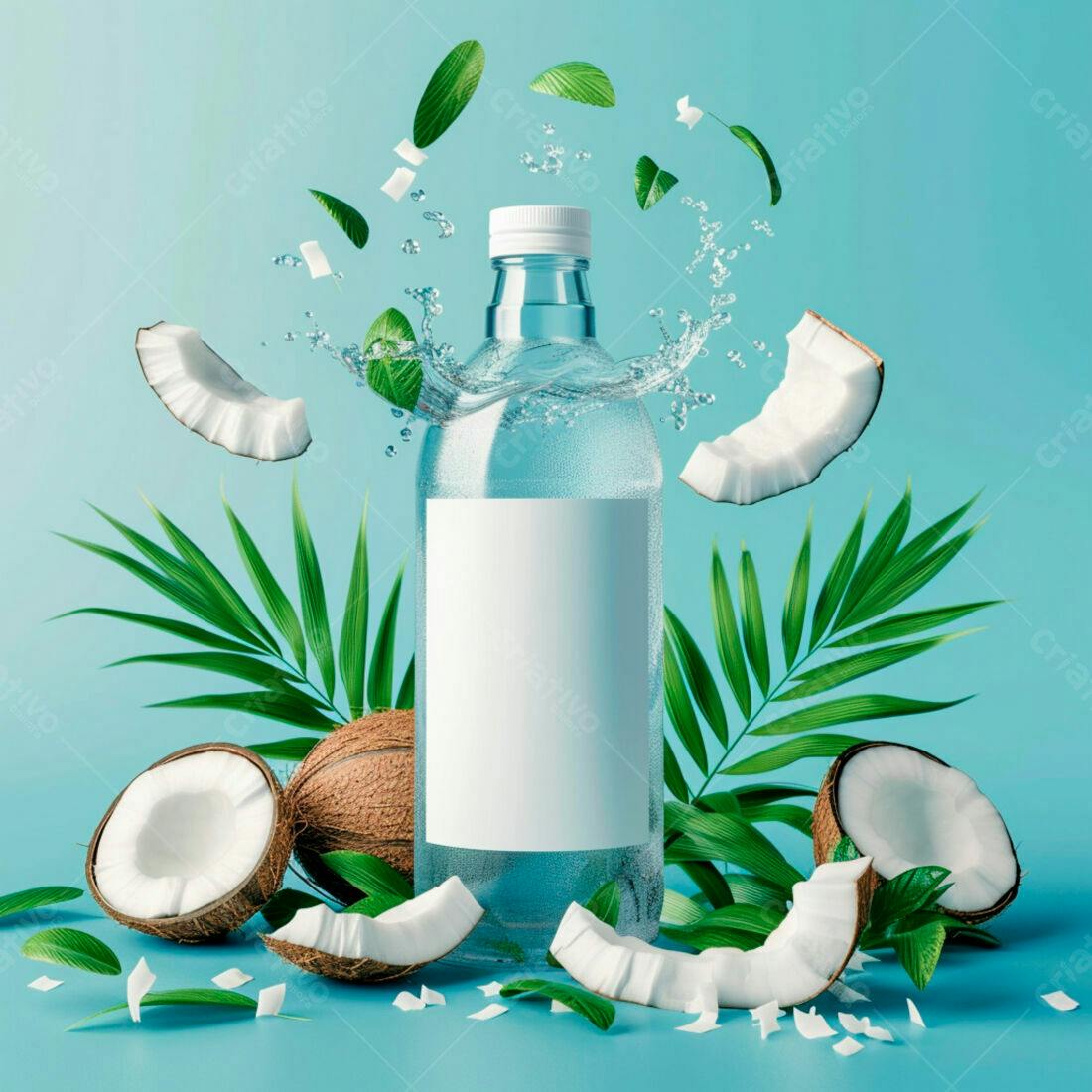 Garrafa de água de coco com coco e folhas tropicais