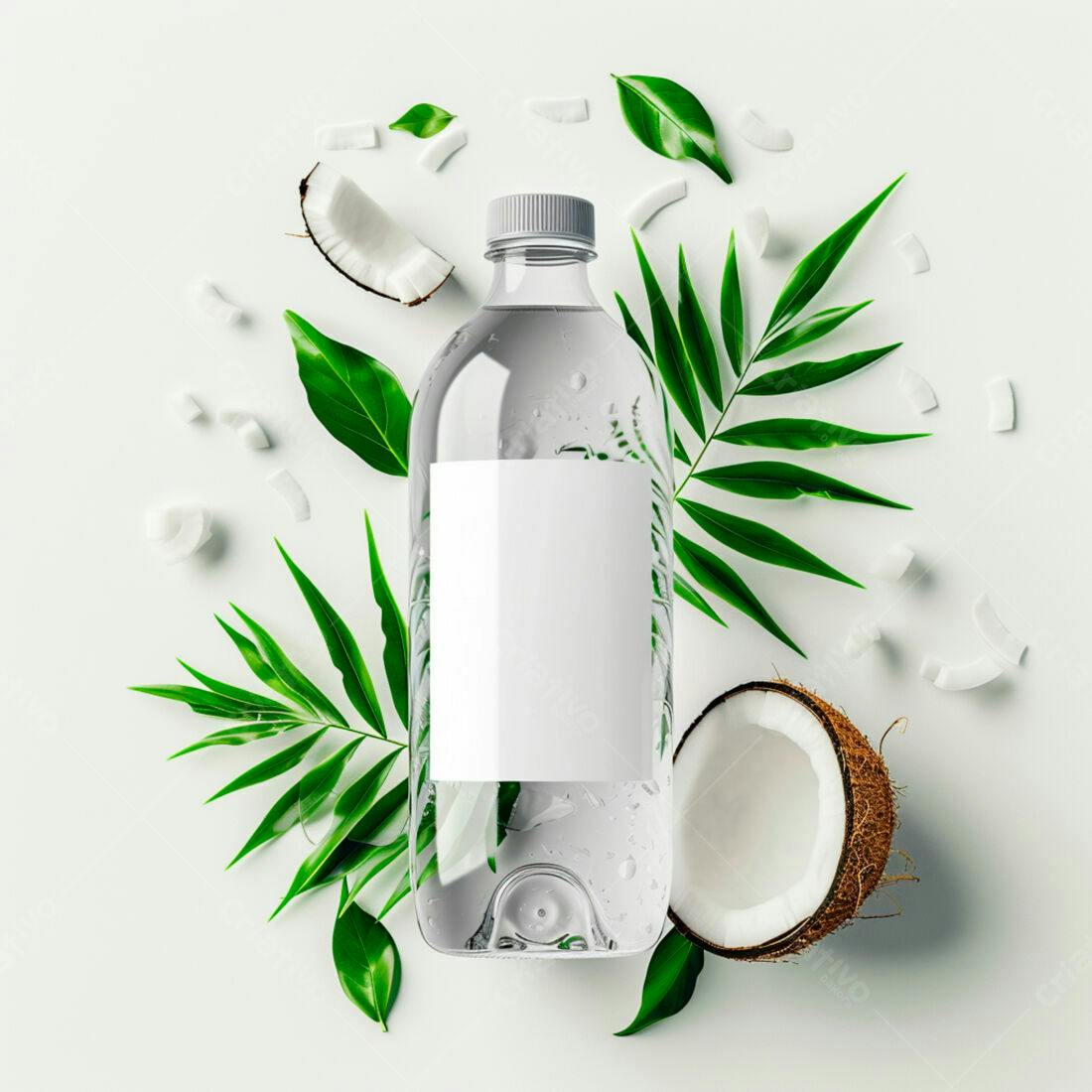 Garrafa de água com coco e folhas tropicais