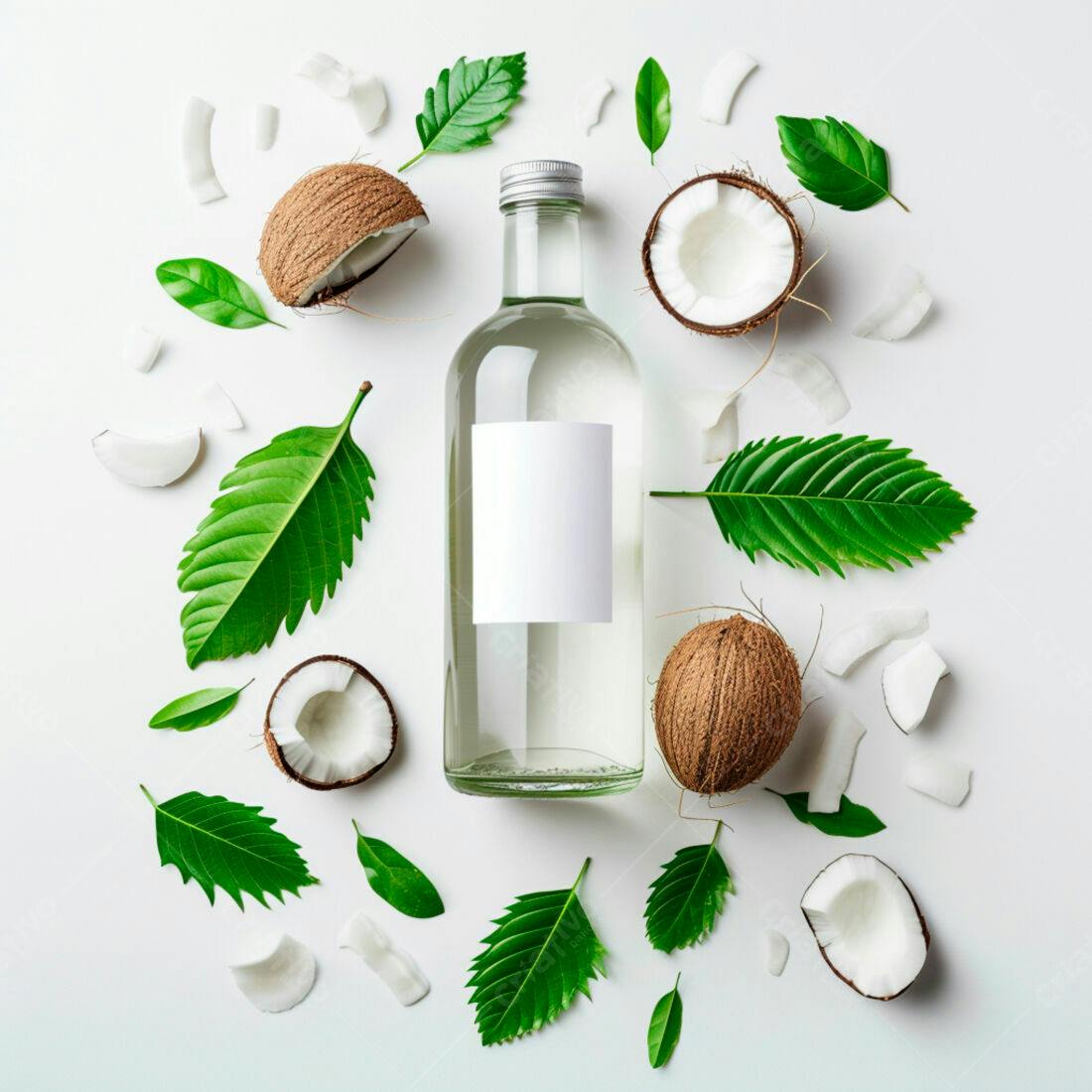 Garrafa de óleo de coco com cocos e folhas