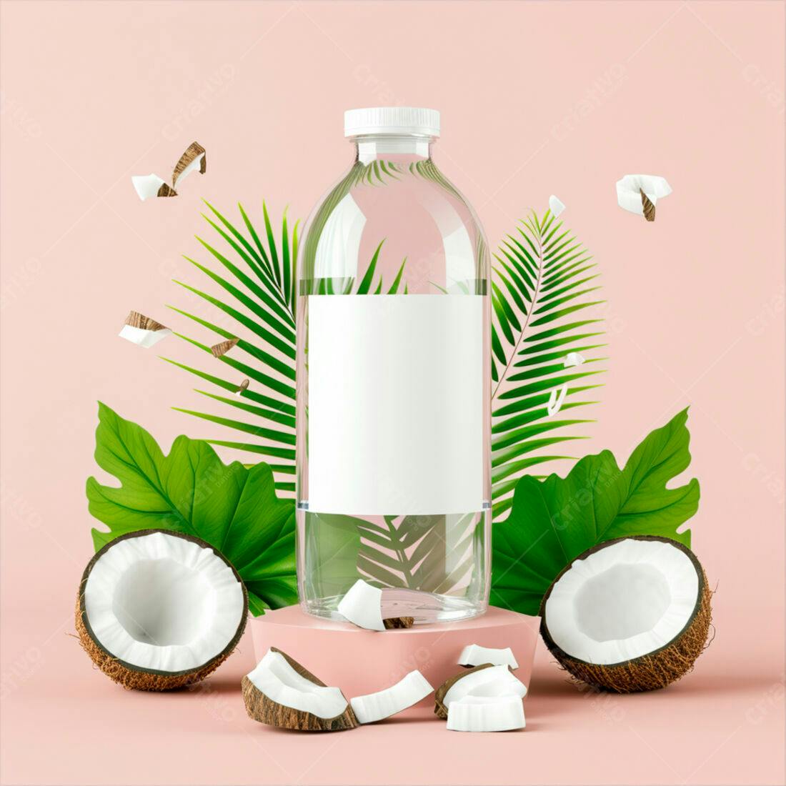 Garrafa de água de coco com folhas tropicais