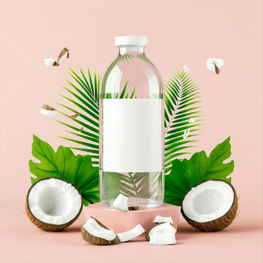 Garrafa De Água De Coco Com Coco E Folhas De Palmeiras Ao Redor 19