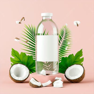 Garrafa De Água De Coco Com Coco E Folhas De Palmeiras Ao Redor 19