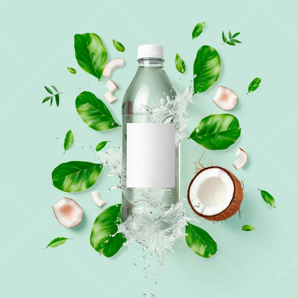 Garrafa De Água De Coco Com Coco E Folhas De Palmeiras Ao Redor 20