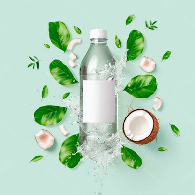 Garrafa De Água De Coco Com Coco E Folhas De Palmeiras Ao Redor 20