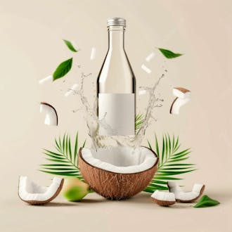 Garrafa de água de coco com coco e folhas de palmeiras ao redor 21