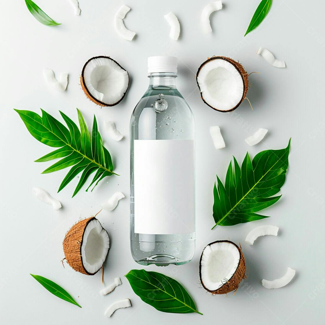 Garrafa de água com coco e folhas tropicais