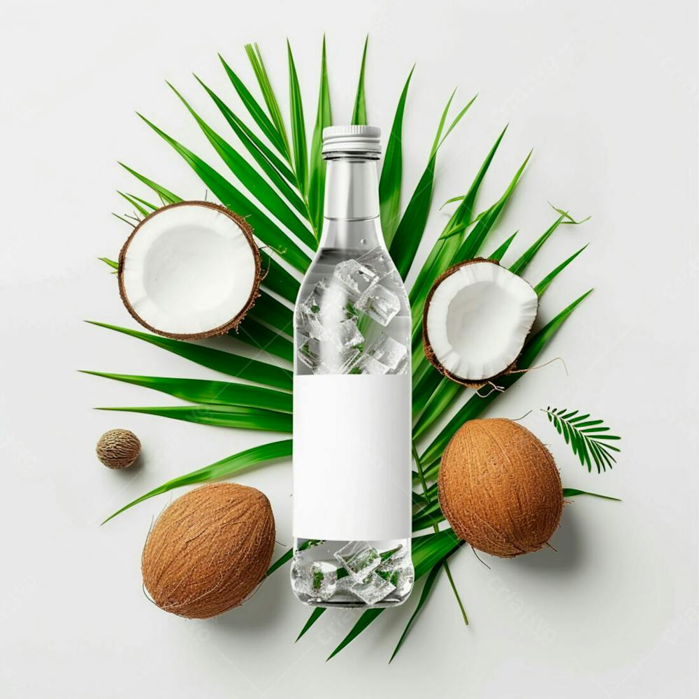 Garrafa De Água De Coco Com Coco E Folhas De Palmeiras Ao Redor 24