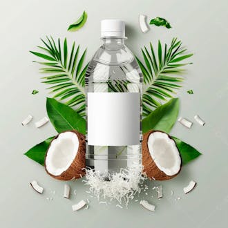 Garrafa de água de coco com coco e folhas de palmeiras ao redor 26