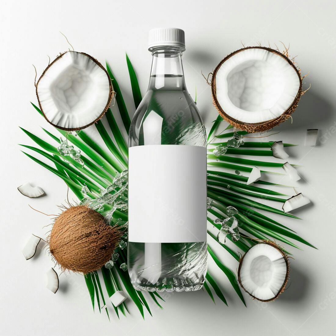 Garrafa de água de coco com folhas tropicais