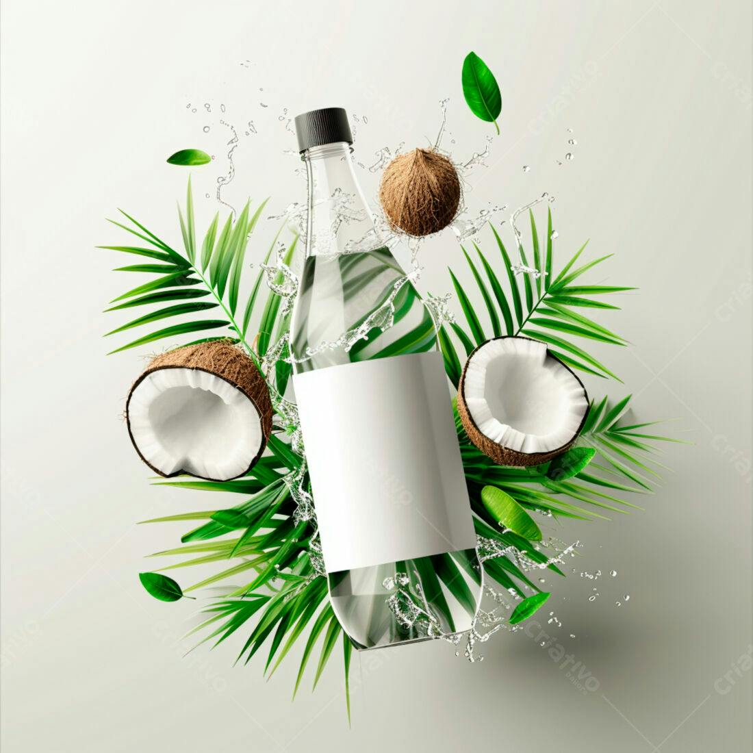 Garrafa de água de coco com folhas tropicais