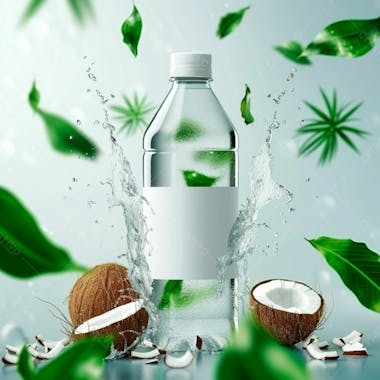 Garrafa de água de coco com coco e folhas de palmeiras ao redor 30