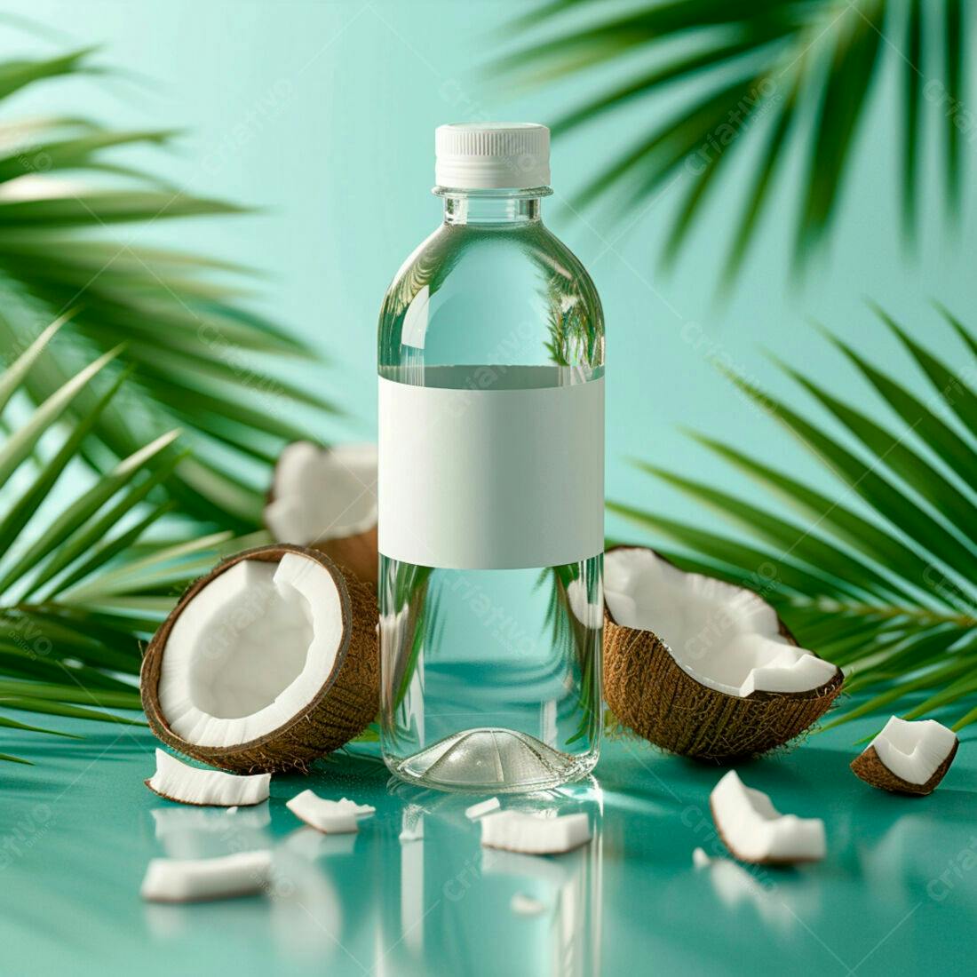 Garrafa de água de coco com coco partido