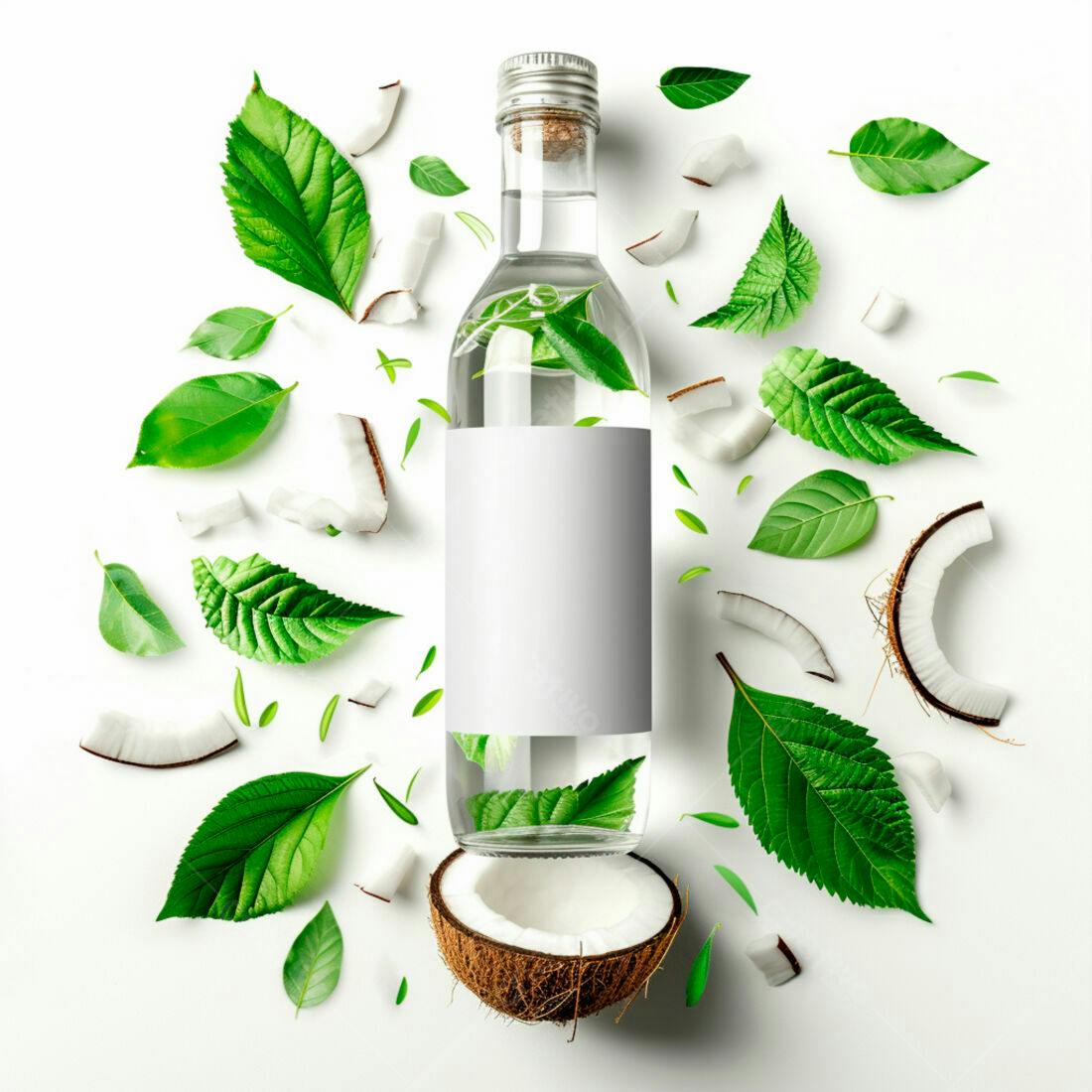 Garrafa de óleo de coco com folhas verdes