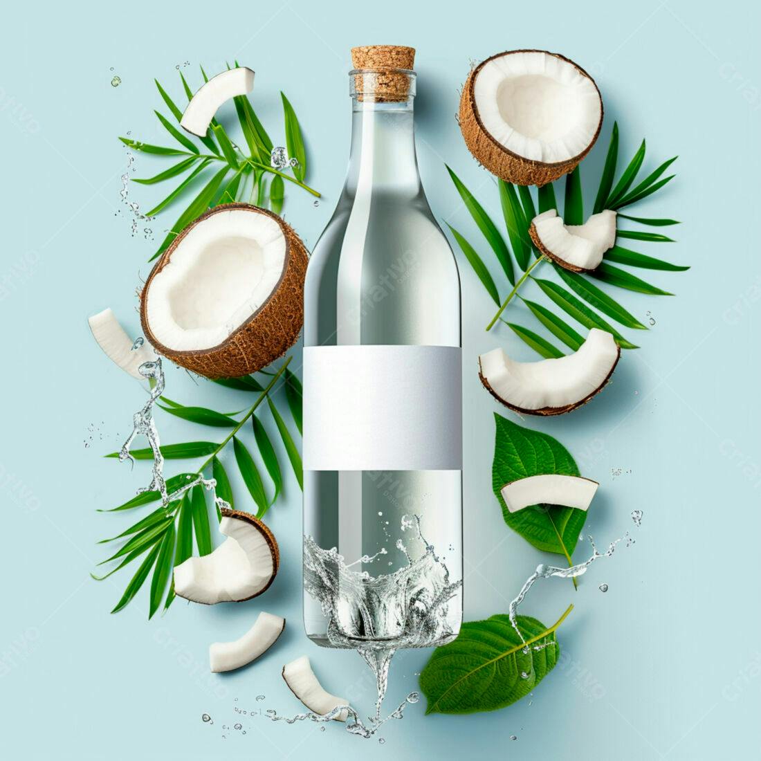Água de Coco em Garrafa com Coco e Folhas