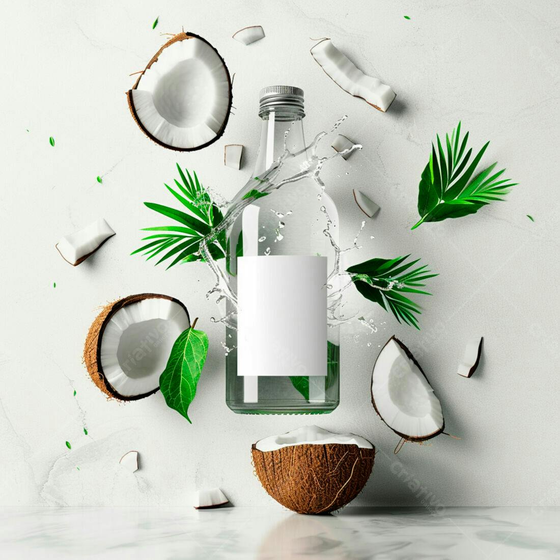 Garrafa de água de coco com coco aberto
