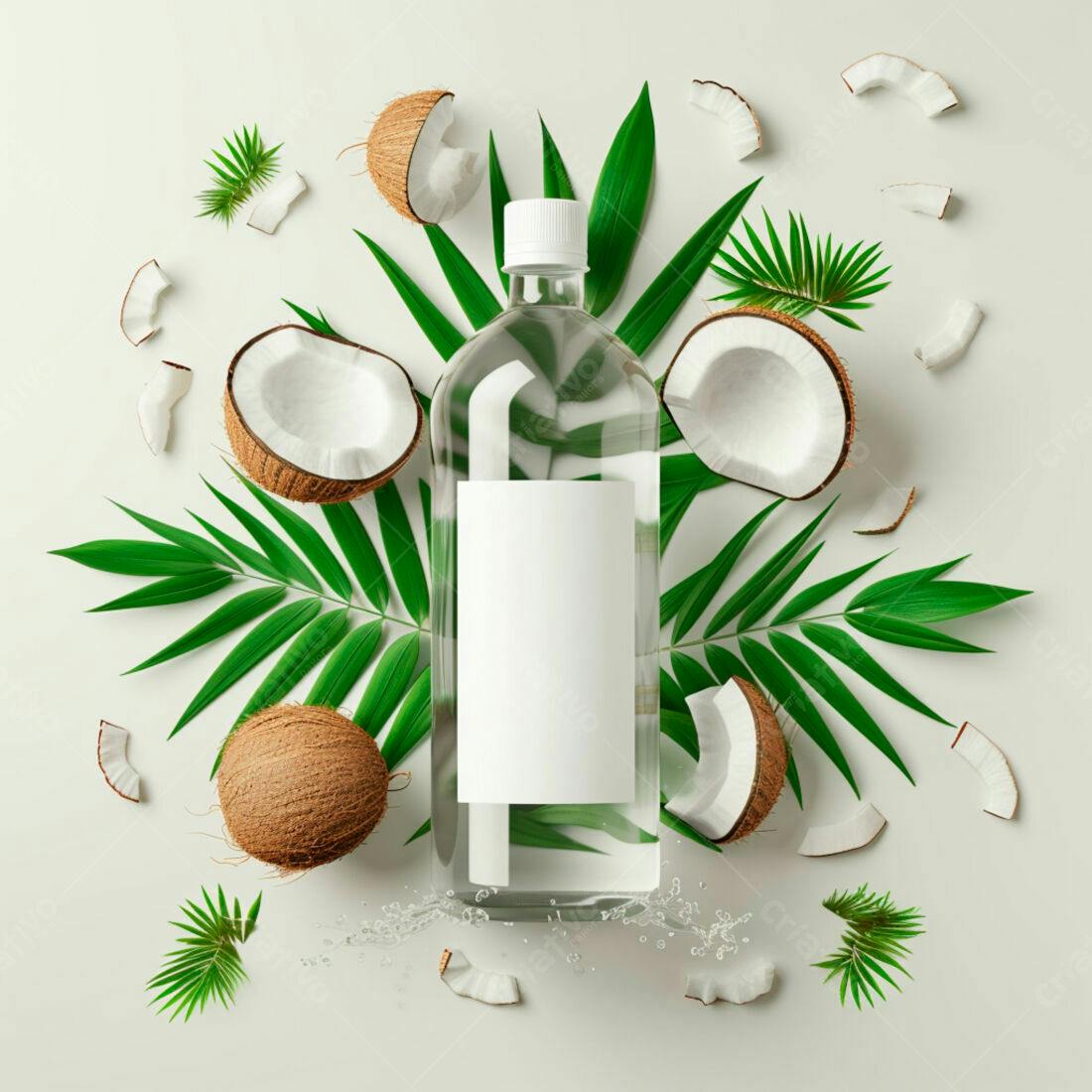 Garrafa de água de coco com folhas tropicais