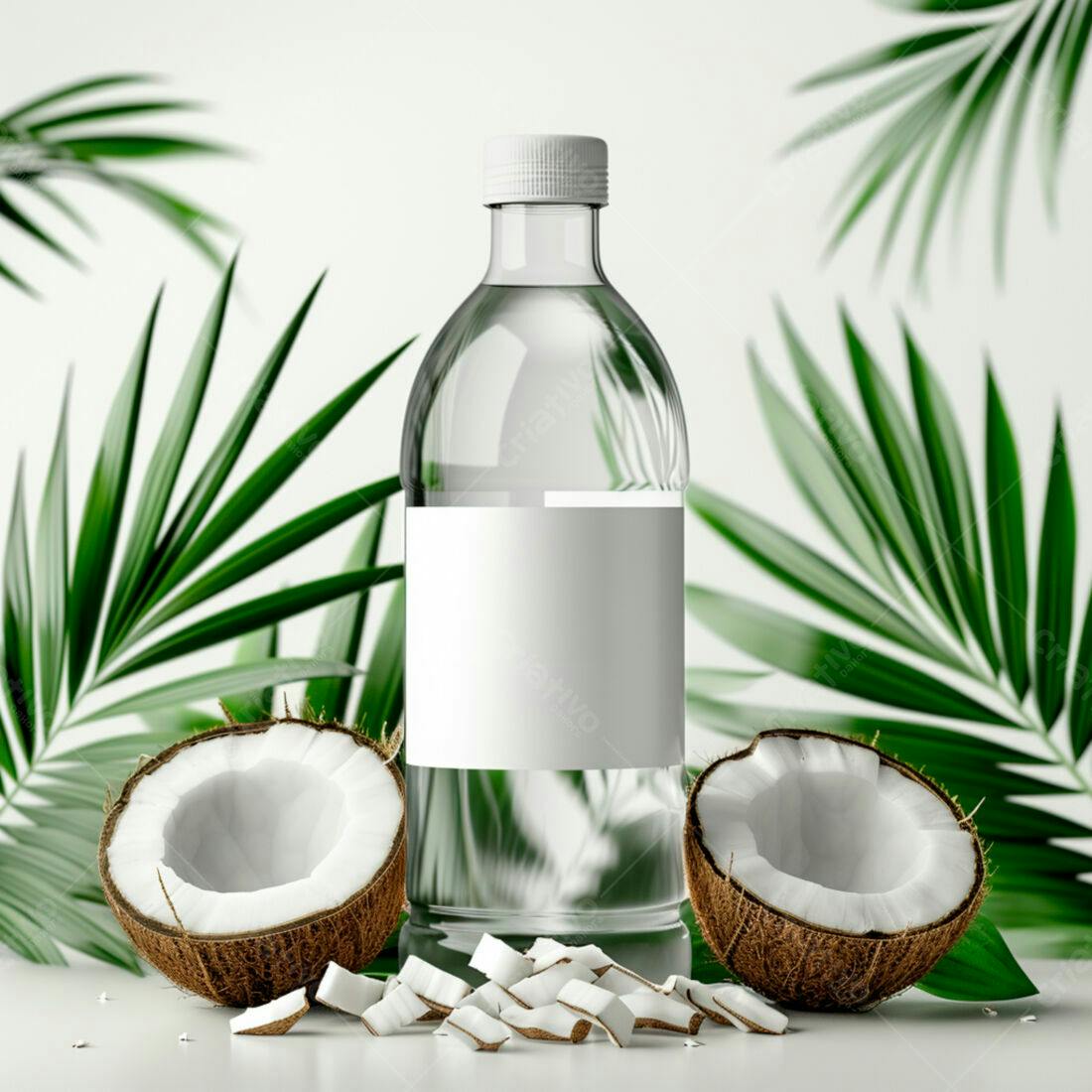 Garrafa de água de coco com coco partido