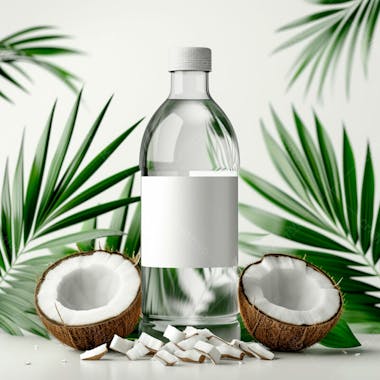 Garrafa de água de coco com coco e folhas de palmeiras ao redor 38