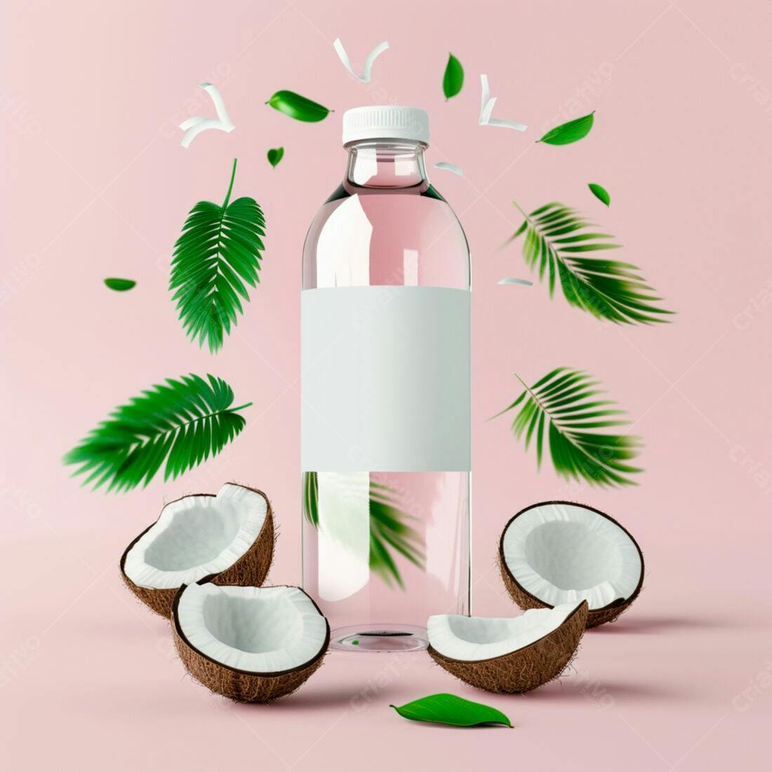 Garrafa de água de coco com coco e folhas