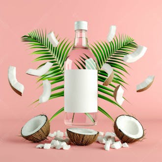 Garrafa de água de coco com coco e folhas de palmeiras ao redor 40