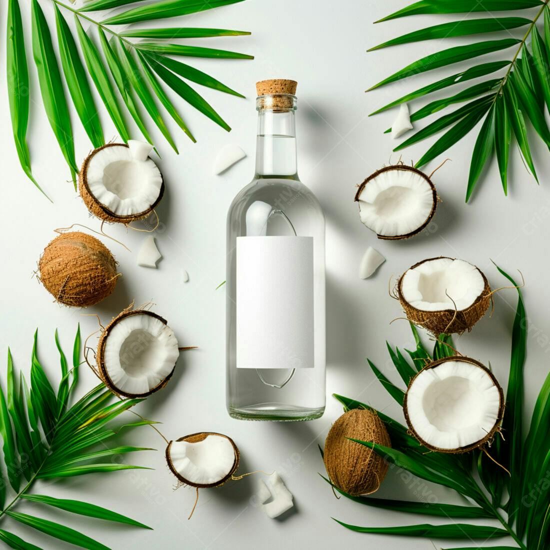 Garrafa de óleo de coco com cocos e folhas