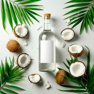 Garrafa de água de coco com coco e folhas de palmeiras ao redor 41