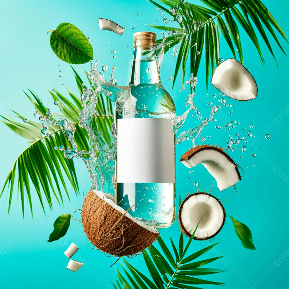Garrafa de água de coco com coco e folhas