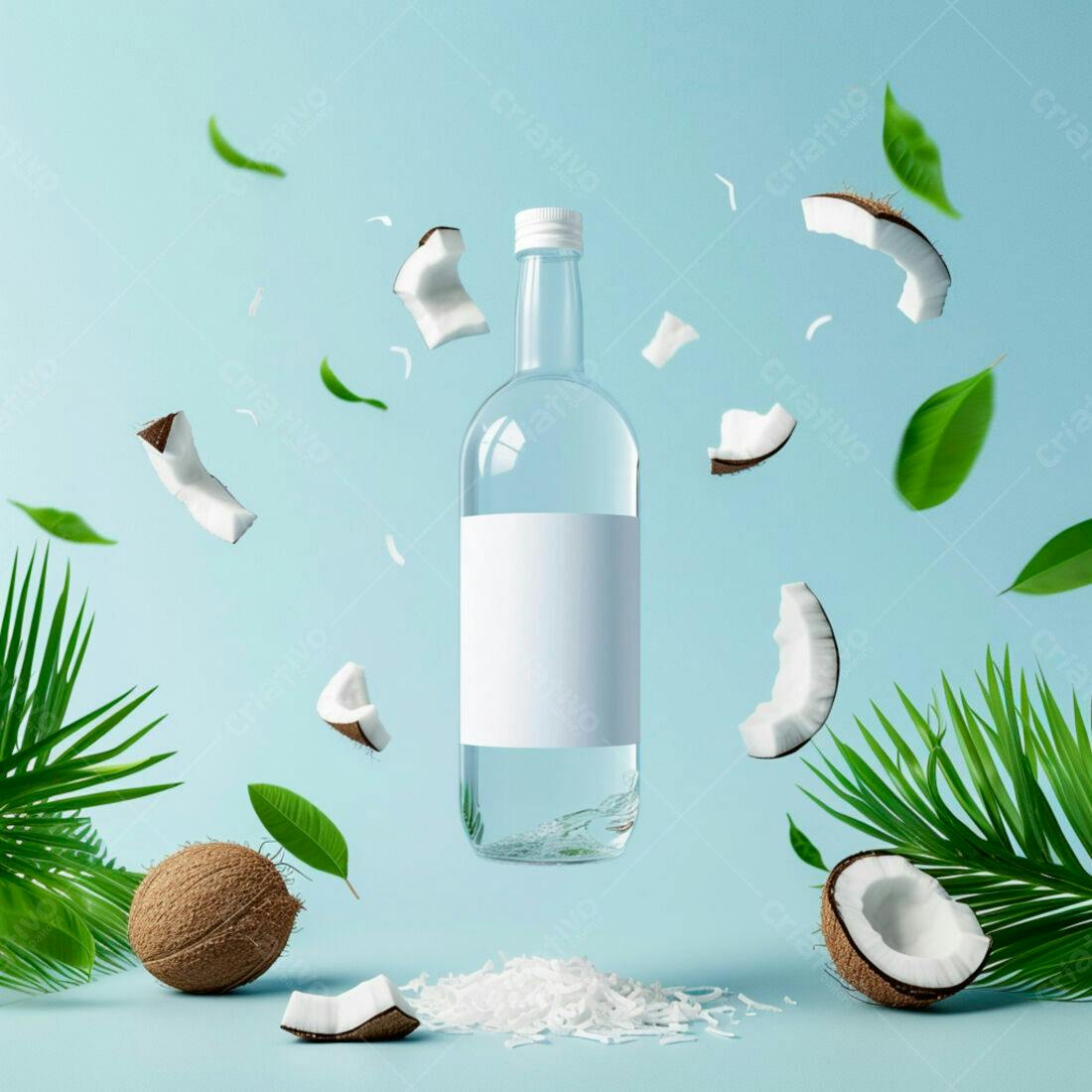Garrafa de água de coco com coco e folhas