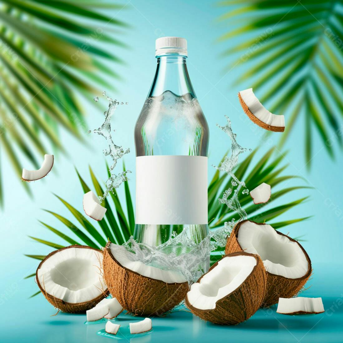 Garrafa de água com cocos e respingos