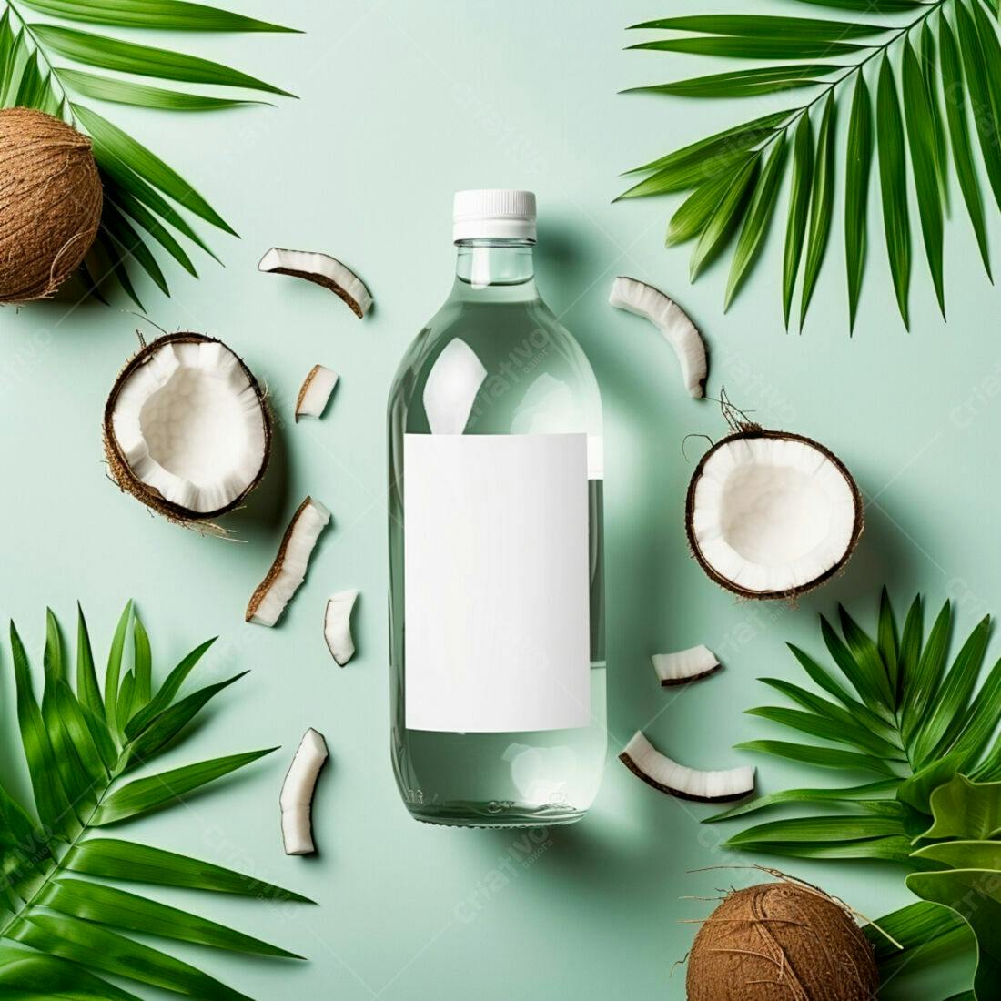 Garrafa de óleo de coco com cocos e folhas