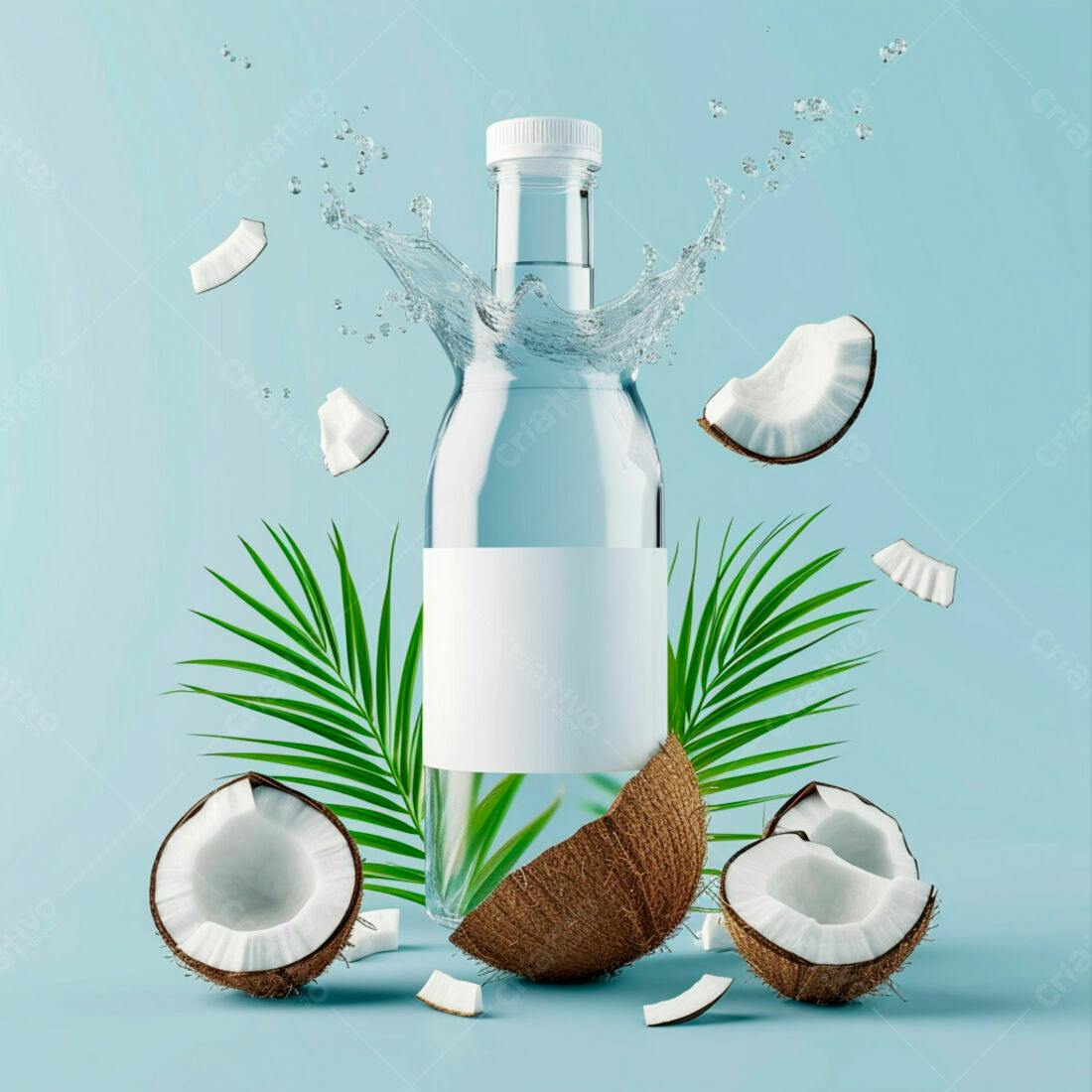 Garrafa de água de coco com coco e folha