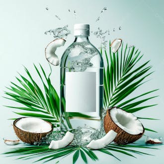 Garrafa de água de coco com coco e folhas de palmeiras ao redor 48