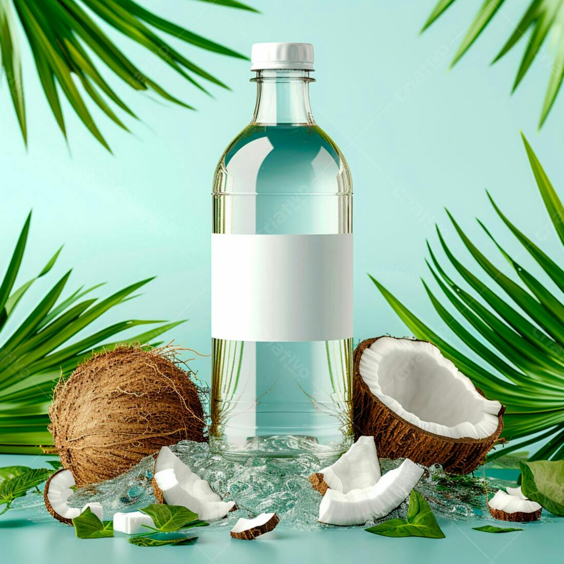 Água de coco em garrafa com cocos