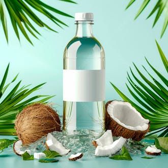 Garrafa de água de coco com coco e folhas de palmeiras ao redor 49
