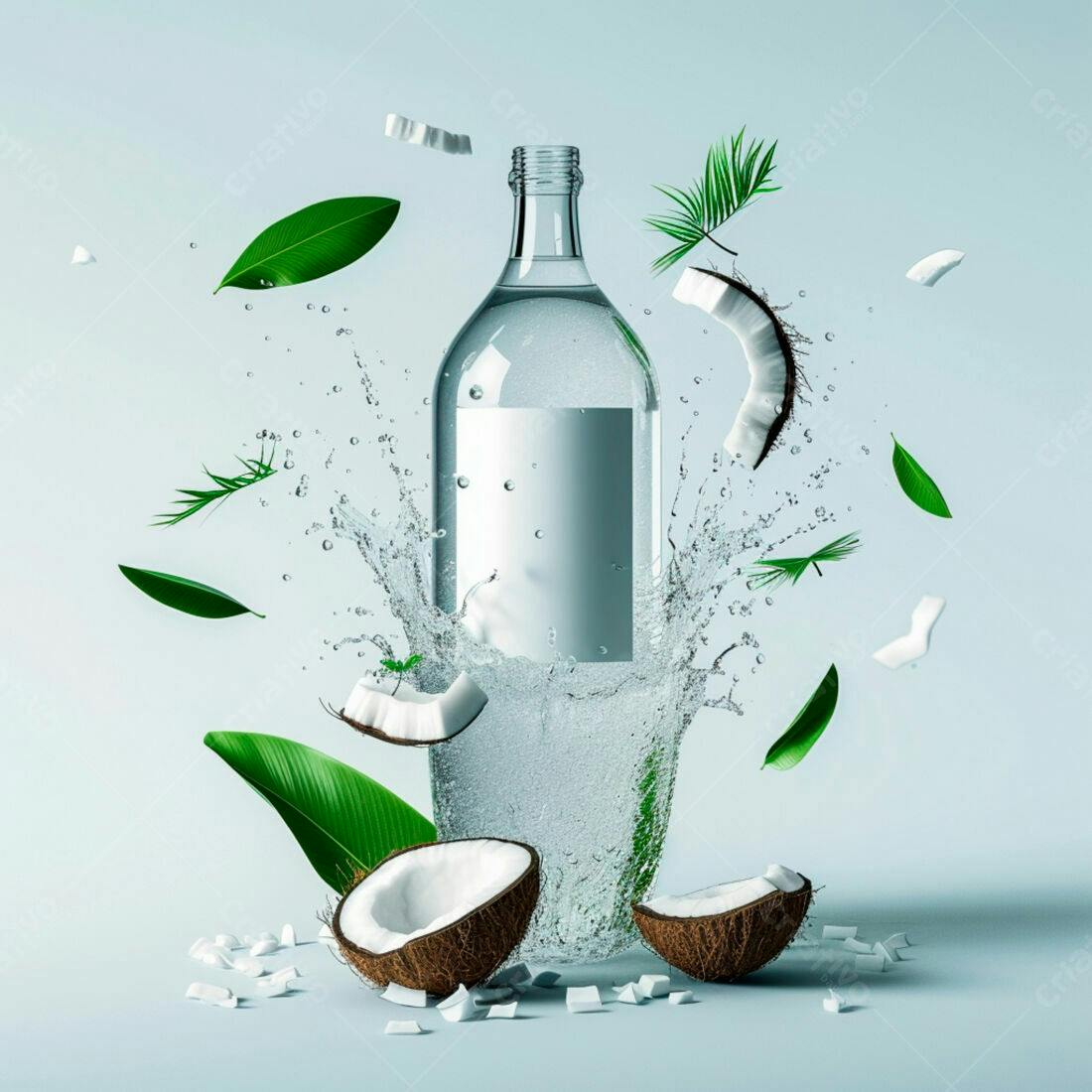 Garrafa de água de coco com pedaços de coco e folhas