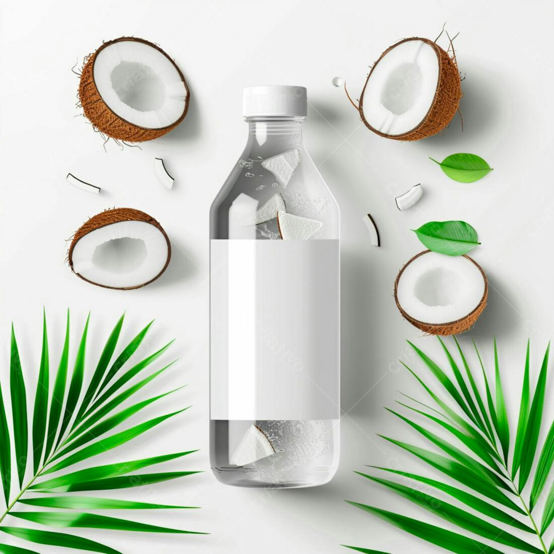 Garrafa de água de coco com fatias e folhas