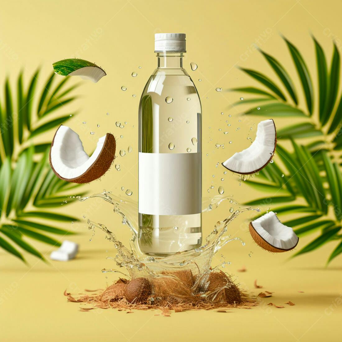 Garrafa de água de coco com coco em fundo amarelo