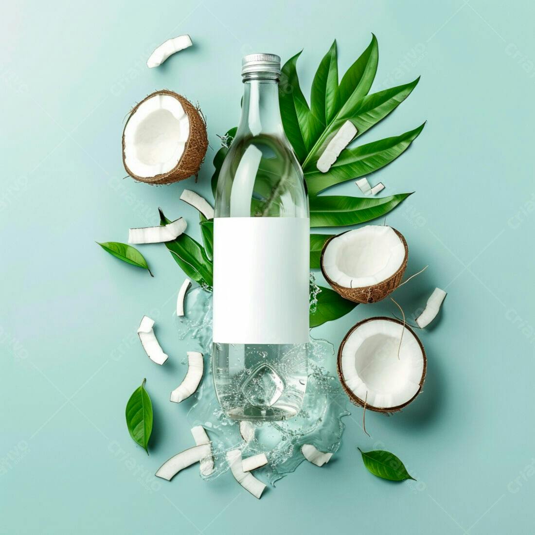 Garrafa de água de coco com folhas tropicais