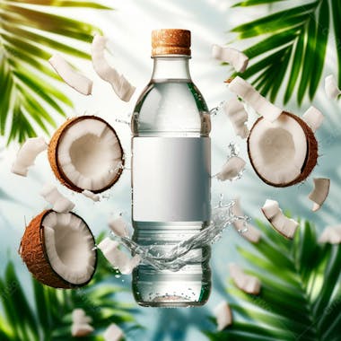 Garrafa de água de coco com coco e folhas de palmeiras ao redor 55