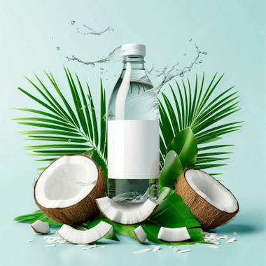 Garrafa de água de coco com coco e folhas de palmeiras ao redor 56