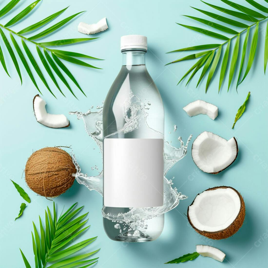 Garrafa de água de coco com palmeiras