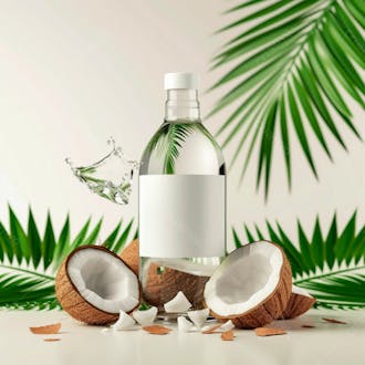 Garrafa de água de coco com coco e folhas de palmeiras ao redor 58