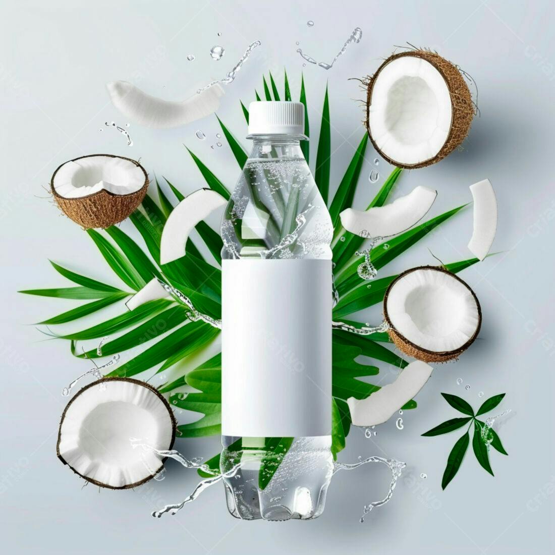 Garrafa de água com coco e folhas tropicais