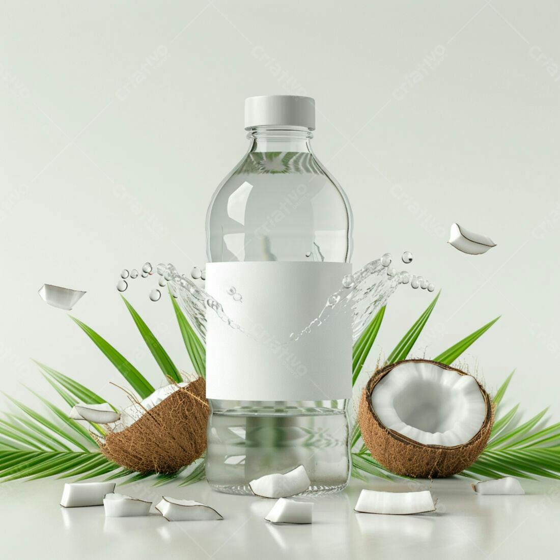 Garrafa de água de coco com coco e folhas