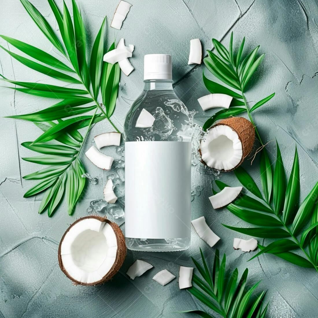 Garrafa de água com coco e folhas tropicais
